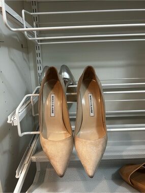 Manolo Blahnik Beige and Silver Pointed-Toe Pumps